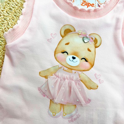 Conj. Regata Ursinha e Short Saia em Tule com Paetê - Rosa